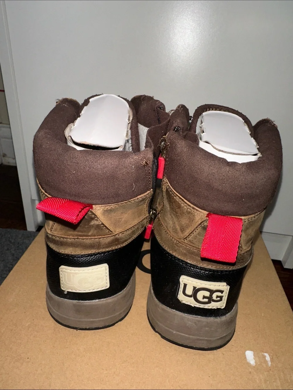 UGG Kids Brown and Black Winter Boots with Red Toggle